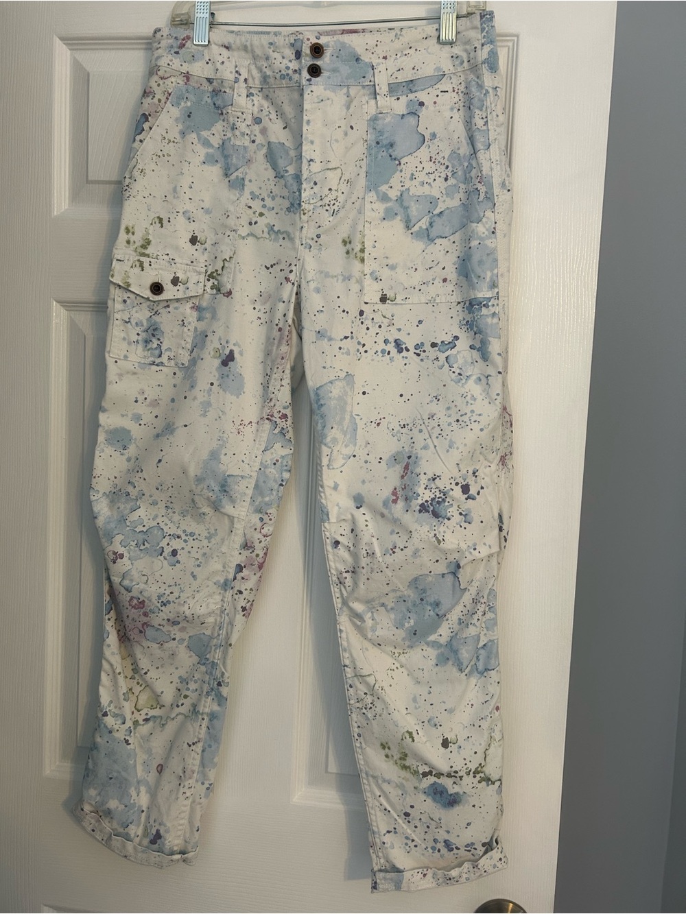 Anthropologie Utility Pocket Pants w/ Blue/Green/Purple Paint-Splatter design